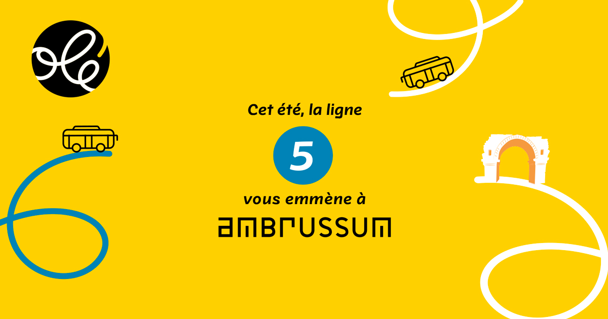 Visuel sur fond jaune avec le logo Olé du réseau de transport de Lunel Agglo en haut à gauche. Desous se trouve une volute bleue sur laquelle est posé une illustration d'un bus en trait noir. Au milieu du texte "cet été la ligne 5 vous emmène à Ambrussum et sur la droite, une deuxième volute blanche avec un bus en haut et en bas une trosième volute blanche sur laquel est posé une illustration du pont romain appelé, pont Ambroix, jaune avec des ombres oranges.