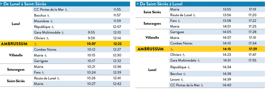 Tableau des des horaires des deux allers-retours du bus desservant le site archéologique d'Ambrussum.